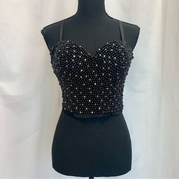 BLACK faux pearl chrome rhinestone embellished bustier corset crop top Sz L - Picture 11 of 11